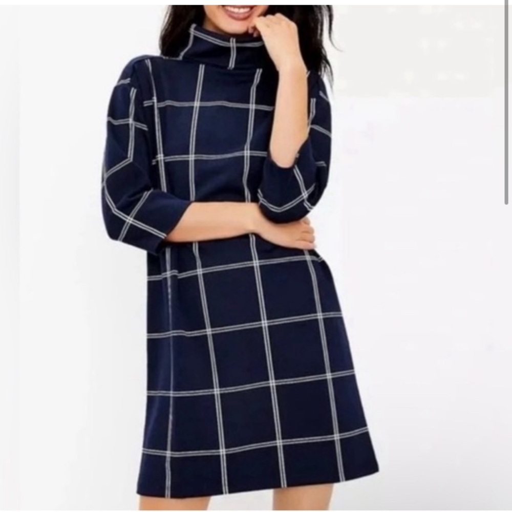 LOFT Navy Checkered Long Sleeve Dress